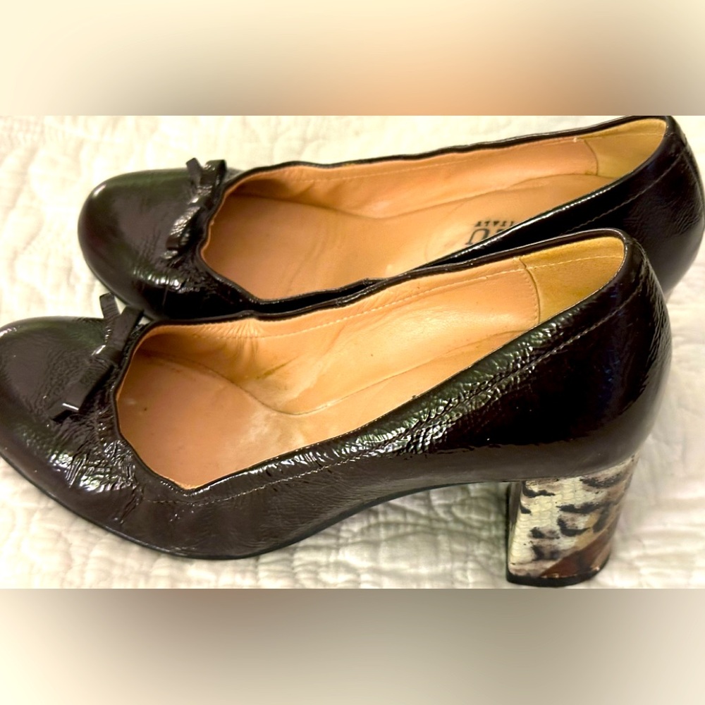 ANYI LU black patent leather pumps with snake print heels handmade in Italy 5.5